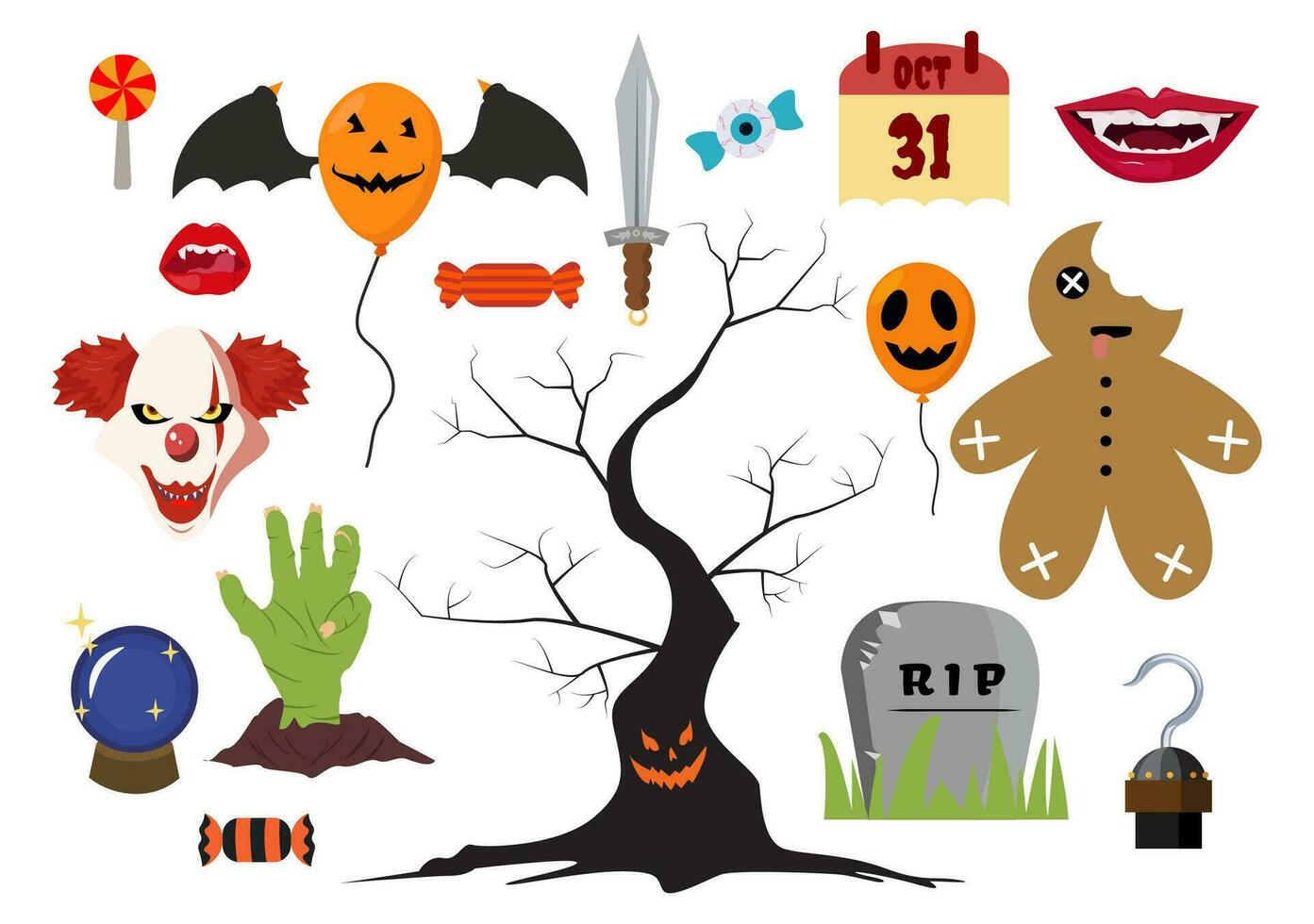 impostato Halloween elementi vettore illustrazione con vario tipi di cose piace fantasmi, zucche, teschi, caramelle e Di Più cartone animato sfondo modelli