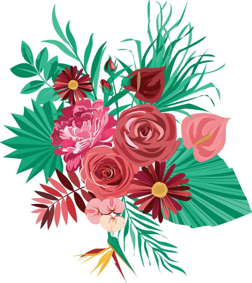 un' mazzo di fiori decorato con Rose e tropicale le foglie vettore