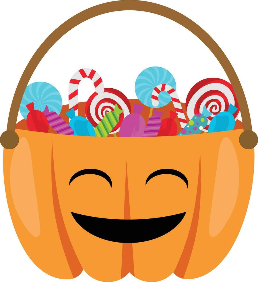 Halloween zucca con caramelle. cartone animato caramella zucca cestino, lecca-lecca, gelatina cibo e caramella canna vettore illustrazione. Halloween zucche, Lecca-lecca e caramelle