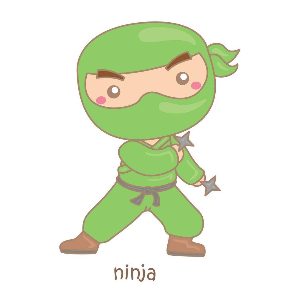 alfabeto n per ninja vocabolario scuola lezione cartone animato illustrazione vettore clipart etichetta