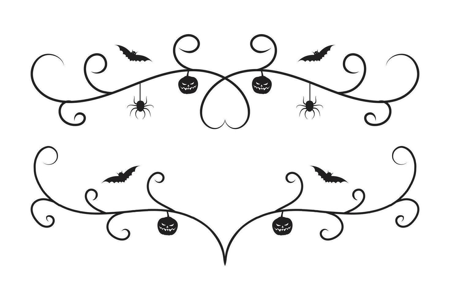 impostato di Halloween calligrafia fiorire filigrana terre selvagge vortici, decorativo elementi elegante viti spirale angolo telaio, pipistrello zucca cuore vite scorrere pauroso ragno asciutto albero stile calligrafico ornamenti vettore