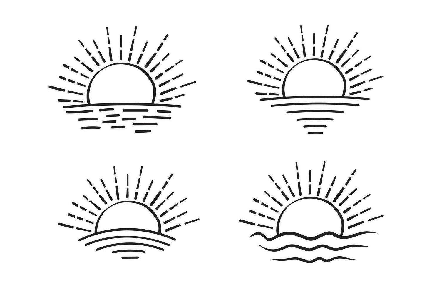 impostato di disegnato a mano isolato sole vettori, estate Alba tramonto luce del sole logo solare icona, crescente luce del sole icona, estate raggio di sole icone, linea arte giallo sole collezione, caldo tempo metereologico icone, acqua onde vettore