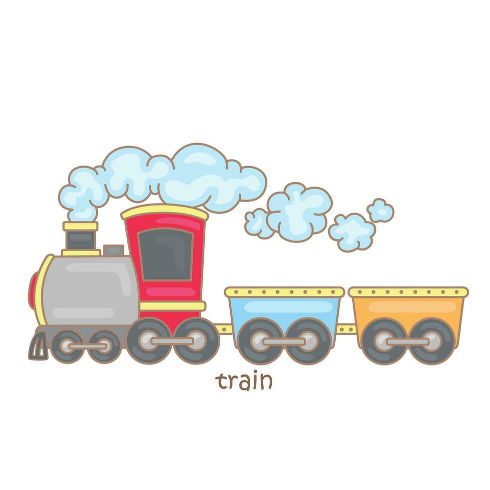 alfabeto t per treno vocabolario scuola lezione cartone animato illustrazione vettore clipart etichetta