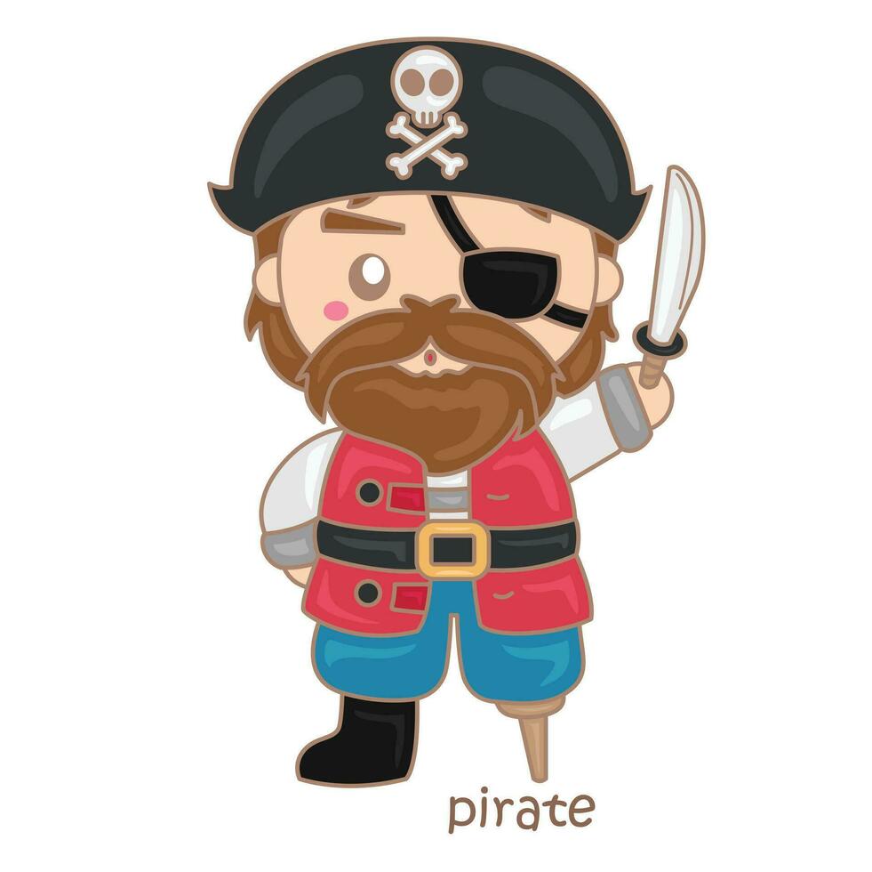 alfabeto p per pirata vocabolario scuola lezione cartone animato illustrazione vettore clipart etichetta