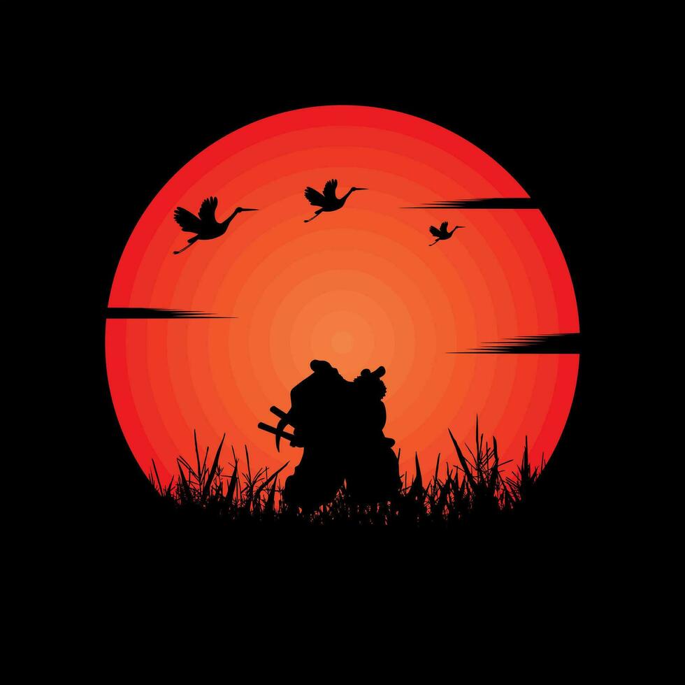 illustrazione vettore grafico di samurai formazione a notte su un' pieno Luna. Perfetto per sfondo, manifesto, eccetera. paesaggio sfondo, illustrazione vettore stile, uno pezzo, roronoa zoro
