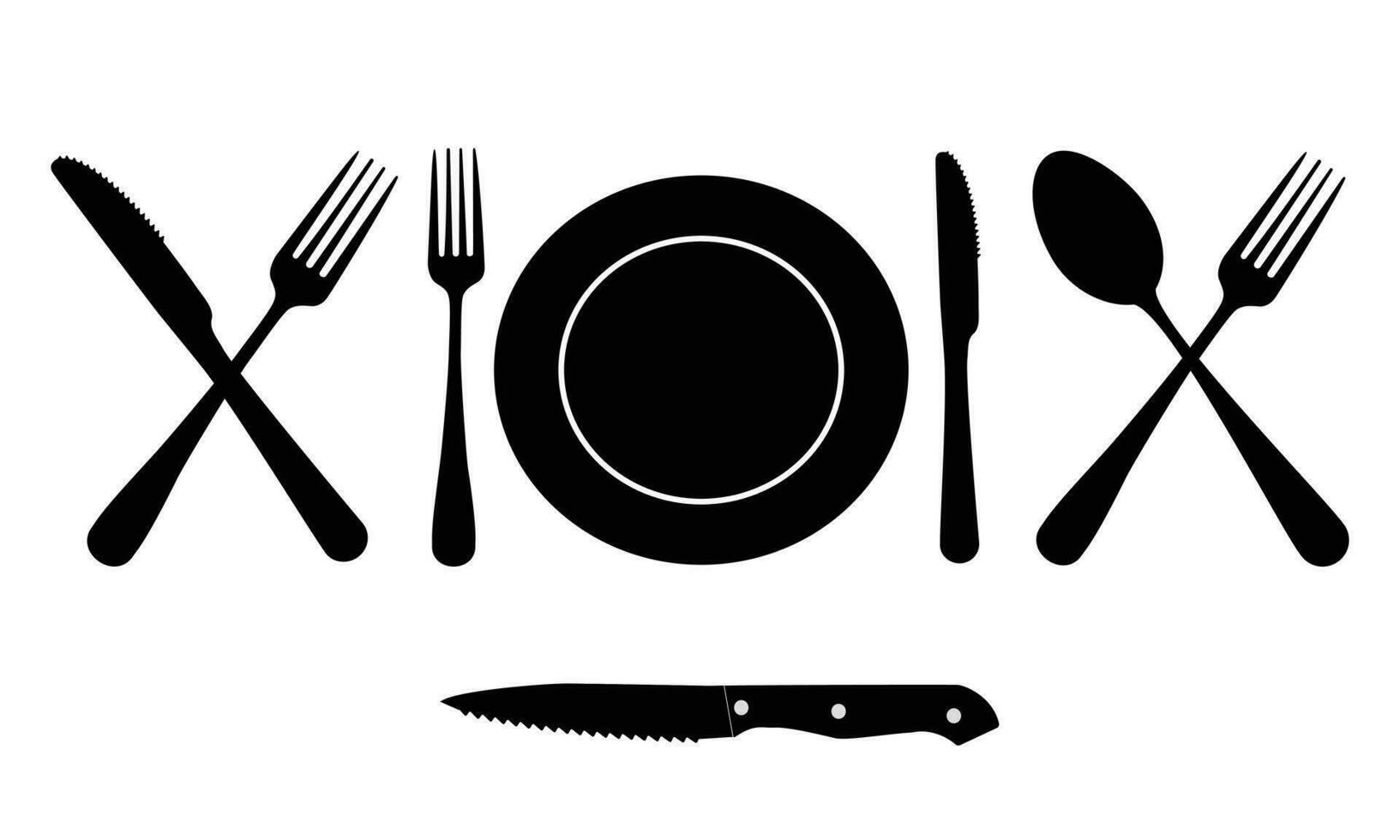 cucchiaio, forchette, coltello, e piatto impostato icone, collezione di posate diverso forme, ristorante attività commerciale concetto, vettore illustrazione, posate linea icona.-1