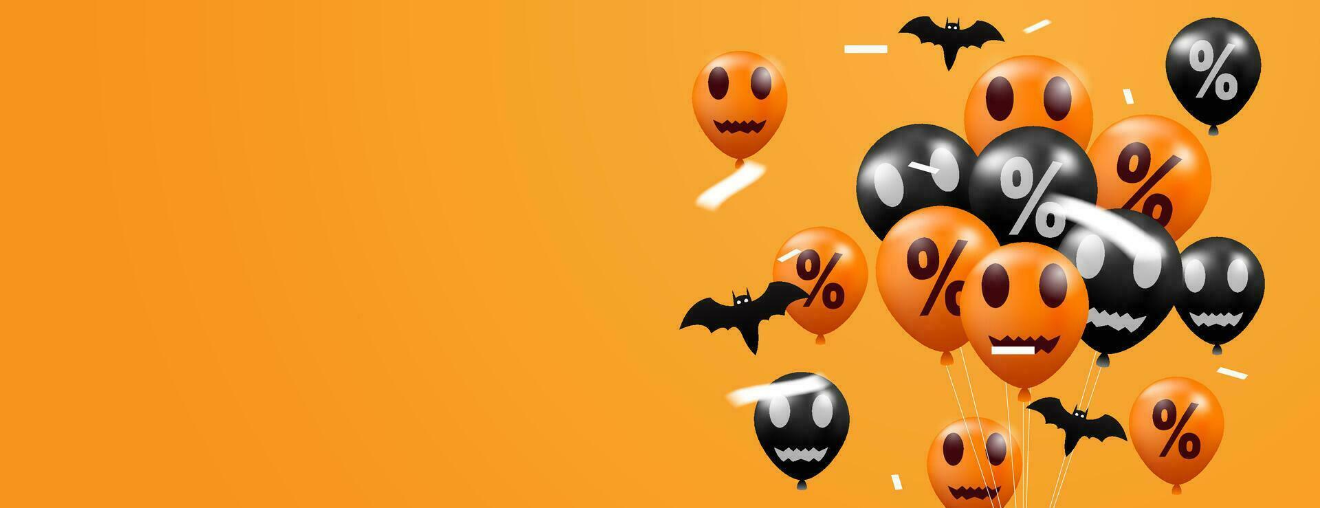 Halloween vendita bandiera design con zucca, fantasma, pipistrello e palloncini su arancia sfondo vettore