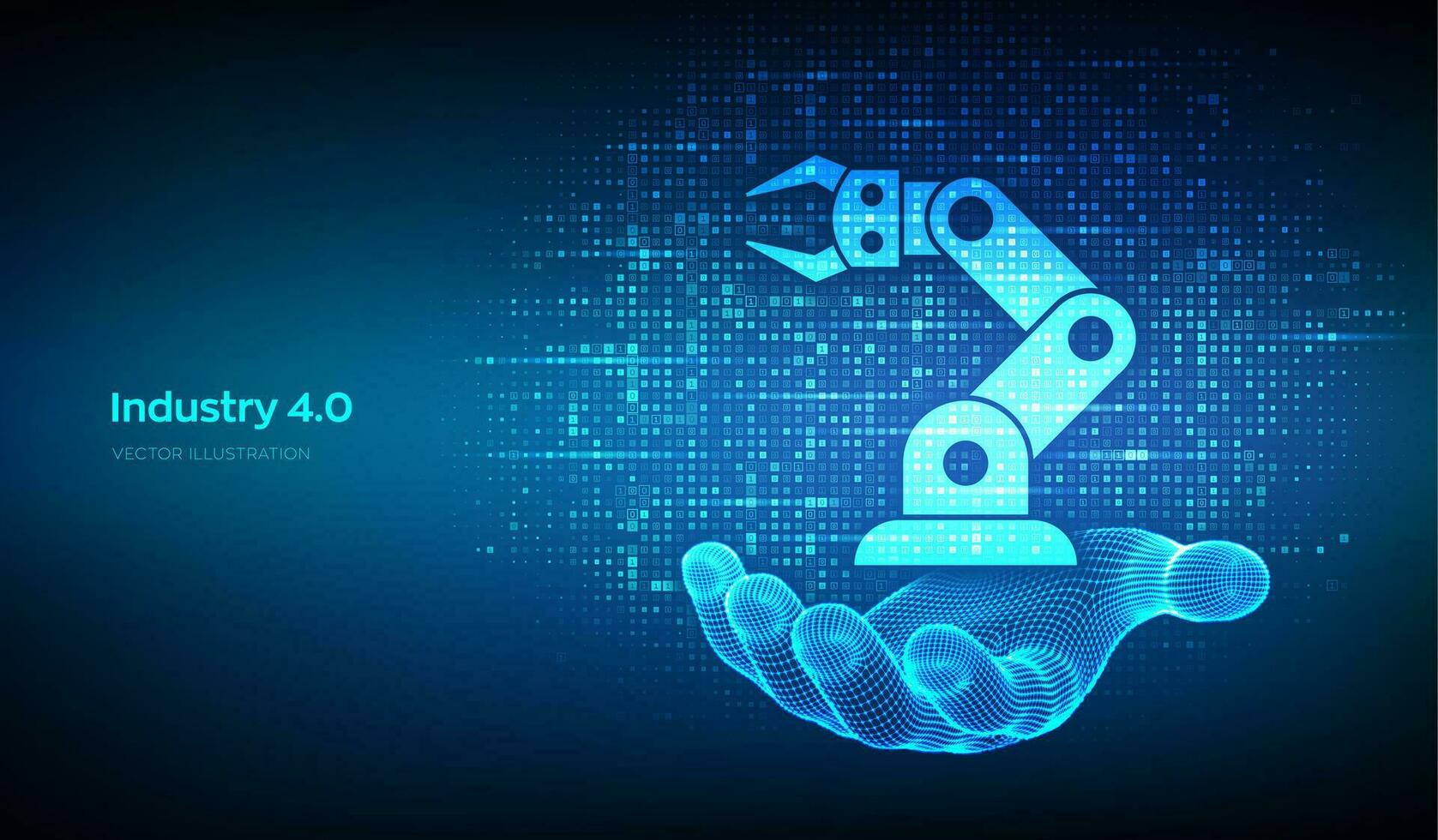 inteligente industria 4.0 icona fatto con binario codice nel wireframe mano. fabbrica automazione. autonomo industriale tecnologia. industriale rivoluzioni passi. matrice sfondo con cifre 1.0. vettore. vettore