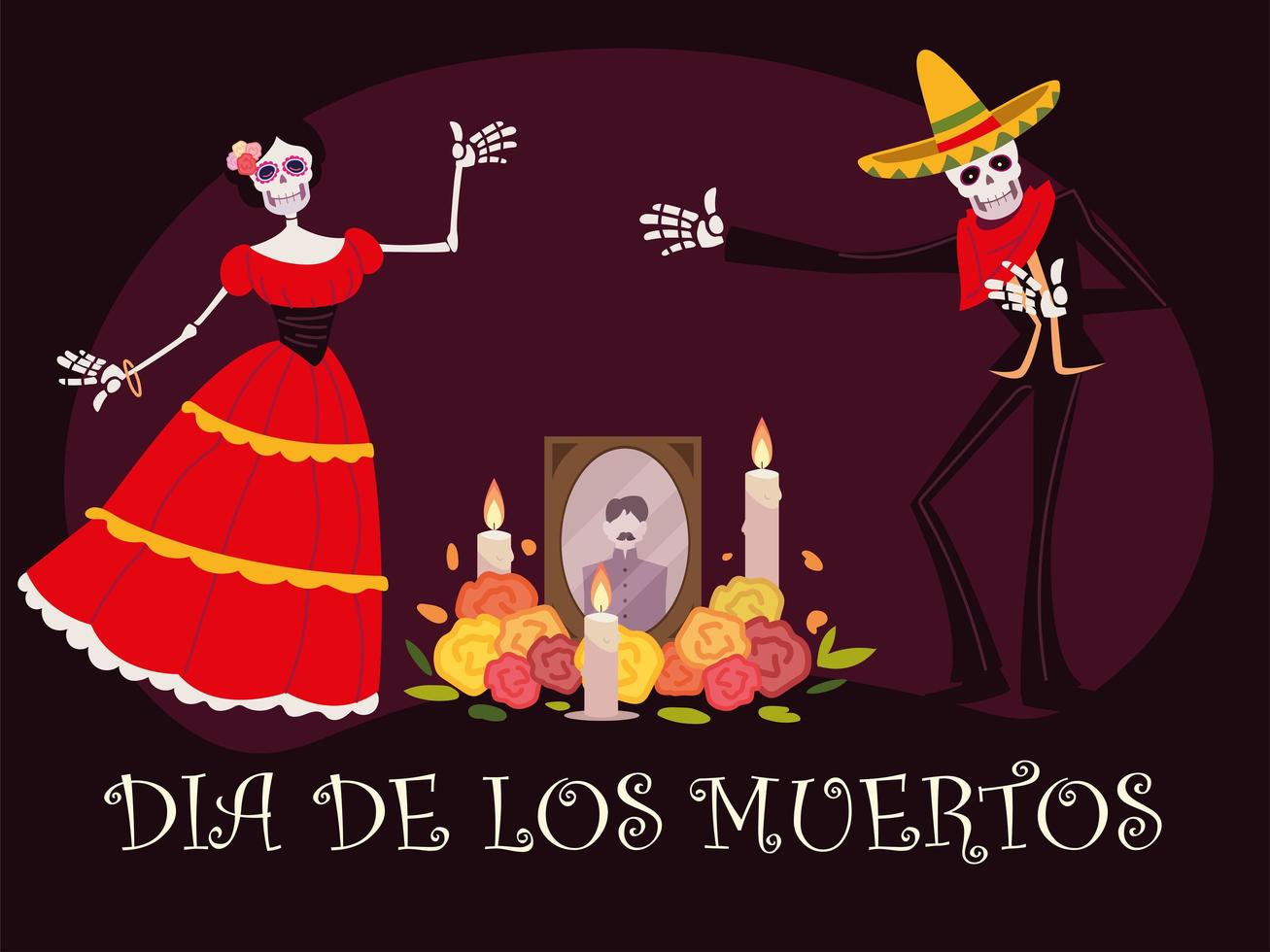 giorno dei morti, altare con foto di scheletro di catrina, candele e fiori, celebrazione messicana vettore
