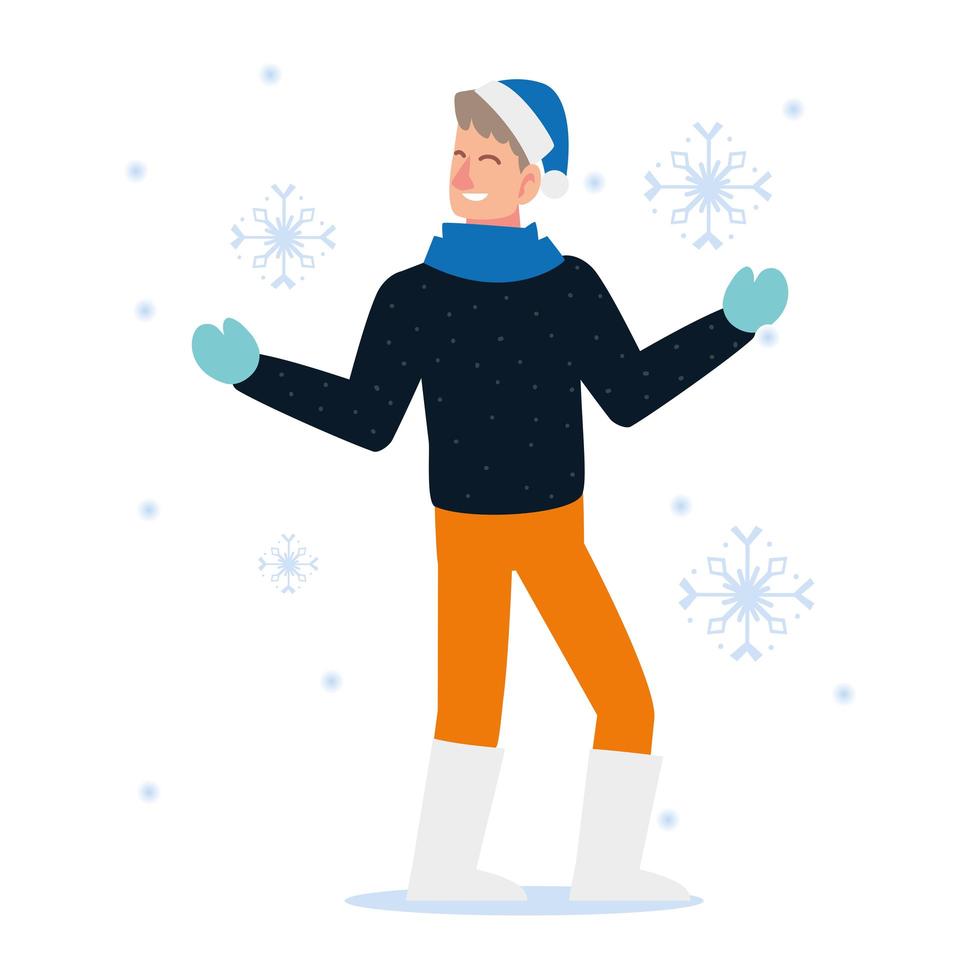 gente di natale, uomo con cappello e fiocchi di neve stagione invernale vettore
