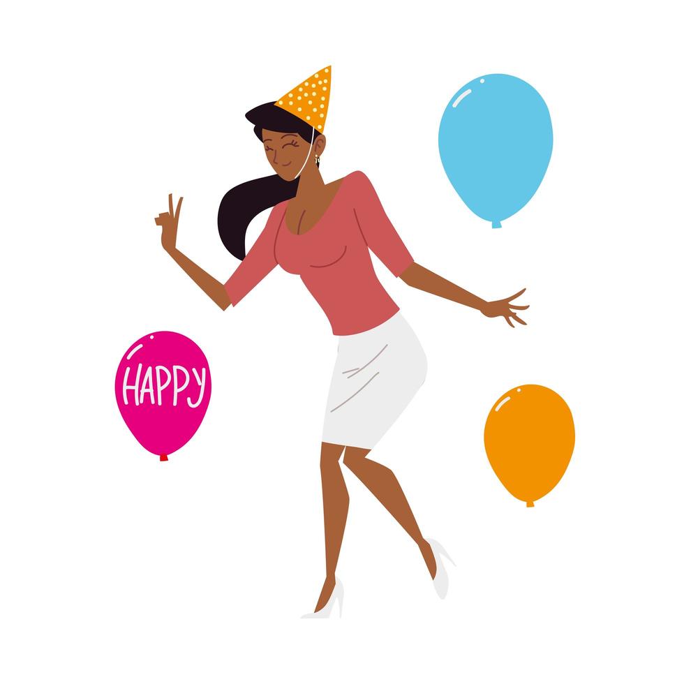 bella donna con cappello da festa e palloncini celebrazione vettore