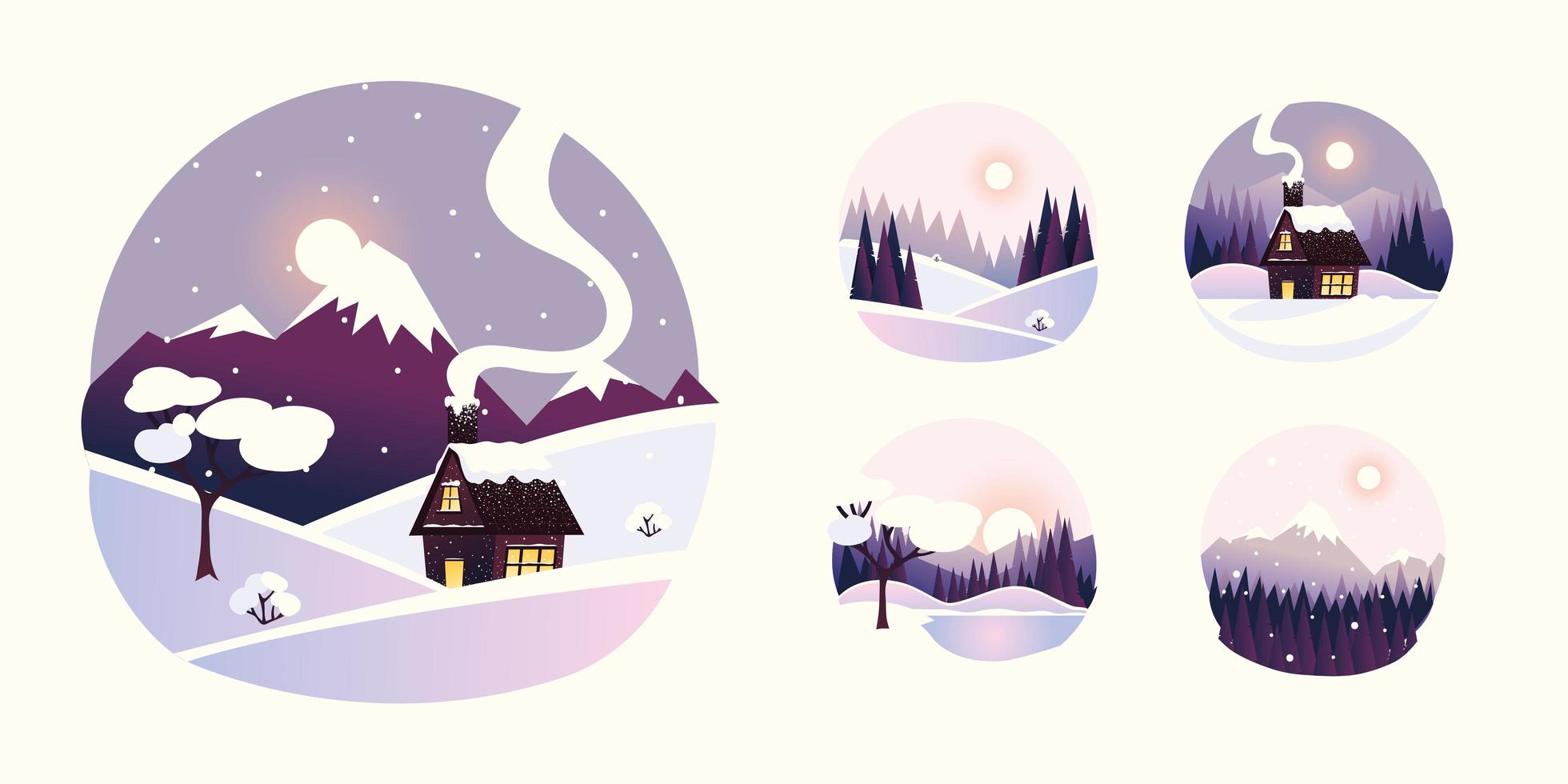paesaggio invernale icone rotonde, montagne cottage pineta vettore