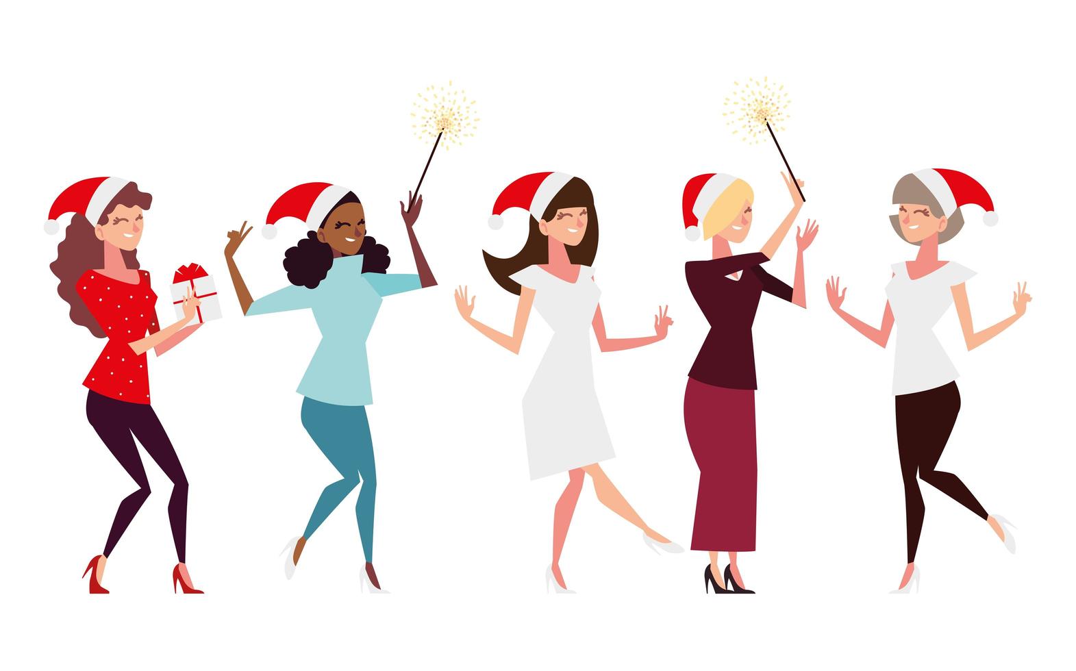 persone di natale, donne di gruppo con regalo di cappello da Babbo Natale e fuochi d'artificio che celebrano vettore