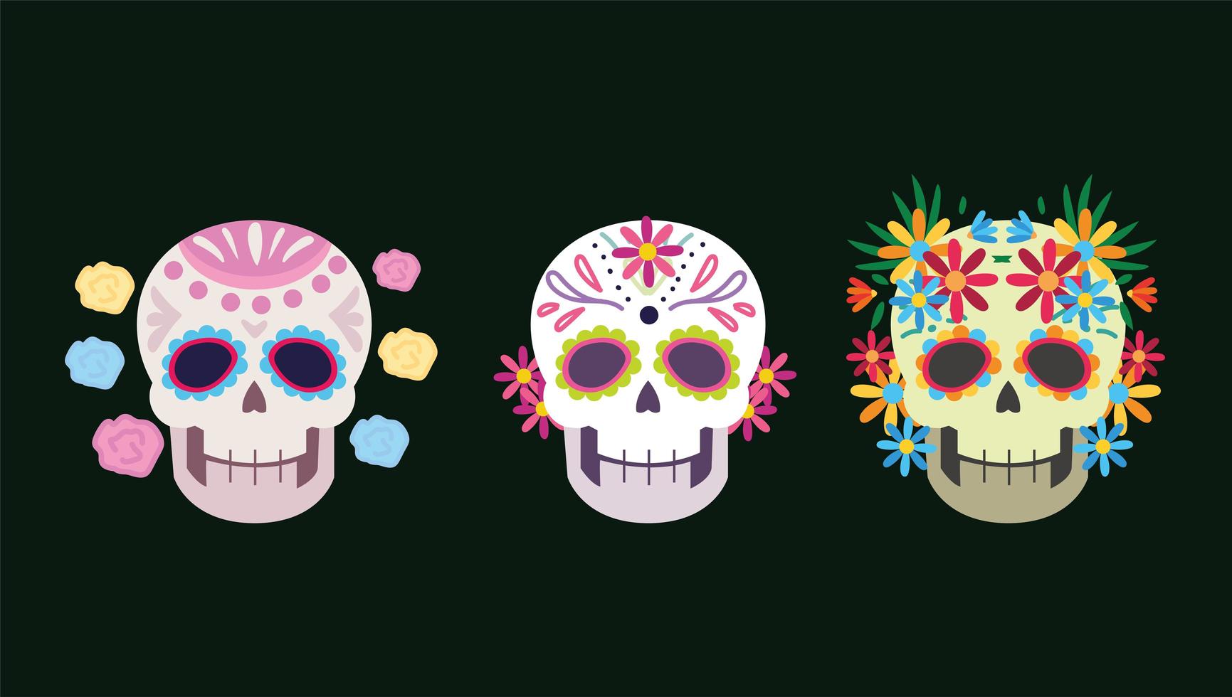 giorno dei morti, decorazione floreale di fiori di teschi, celebrazione messicana vettore