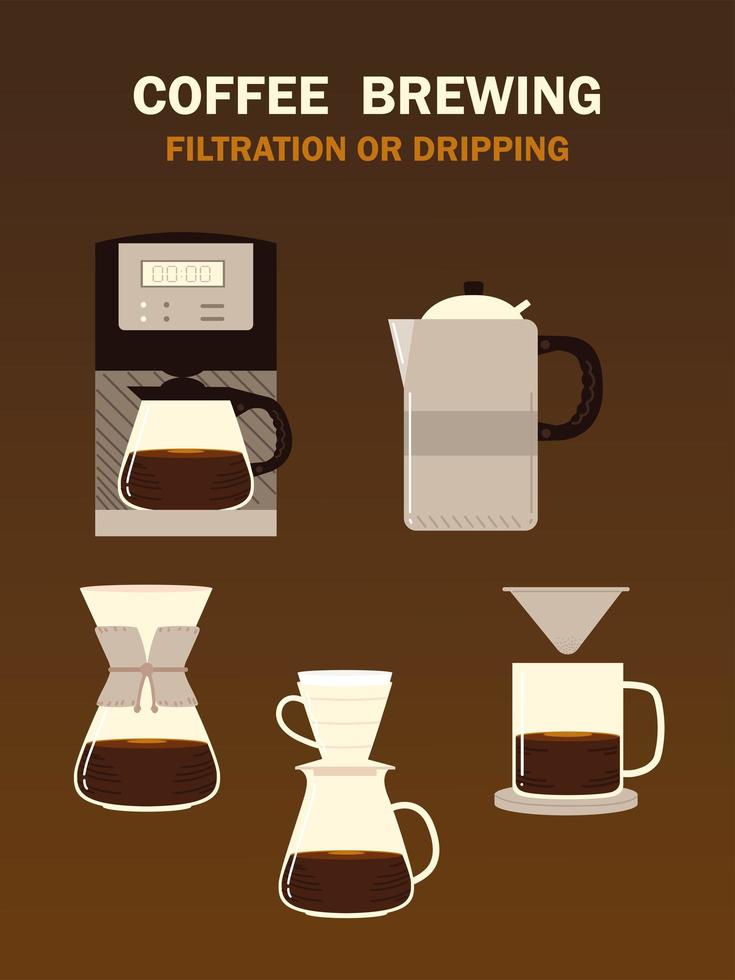 metodi di preparazione del caffè, processo di gocciolamento o filtrazione per bevande vettore