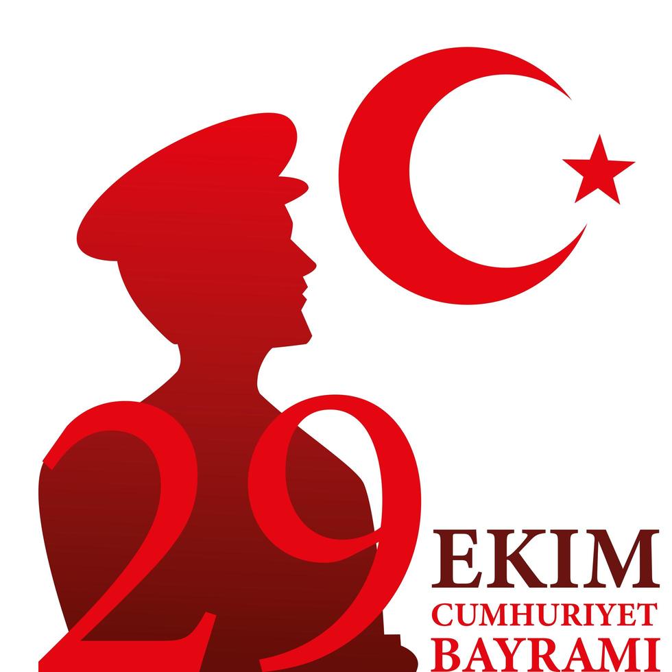 29 ekim cumhuriyet bayrami con il turco ataturk uomo silhouette luna e stella disegno vettoriale