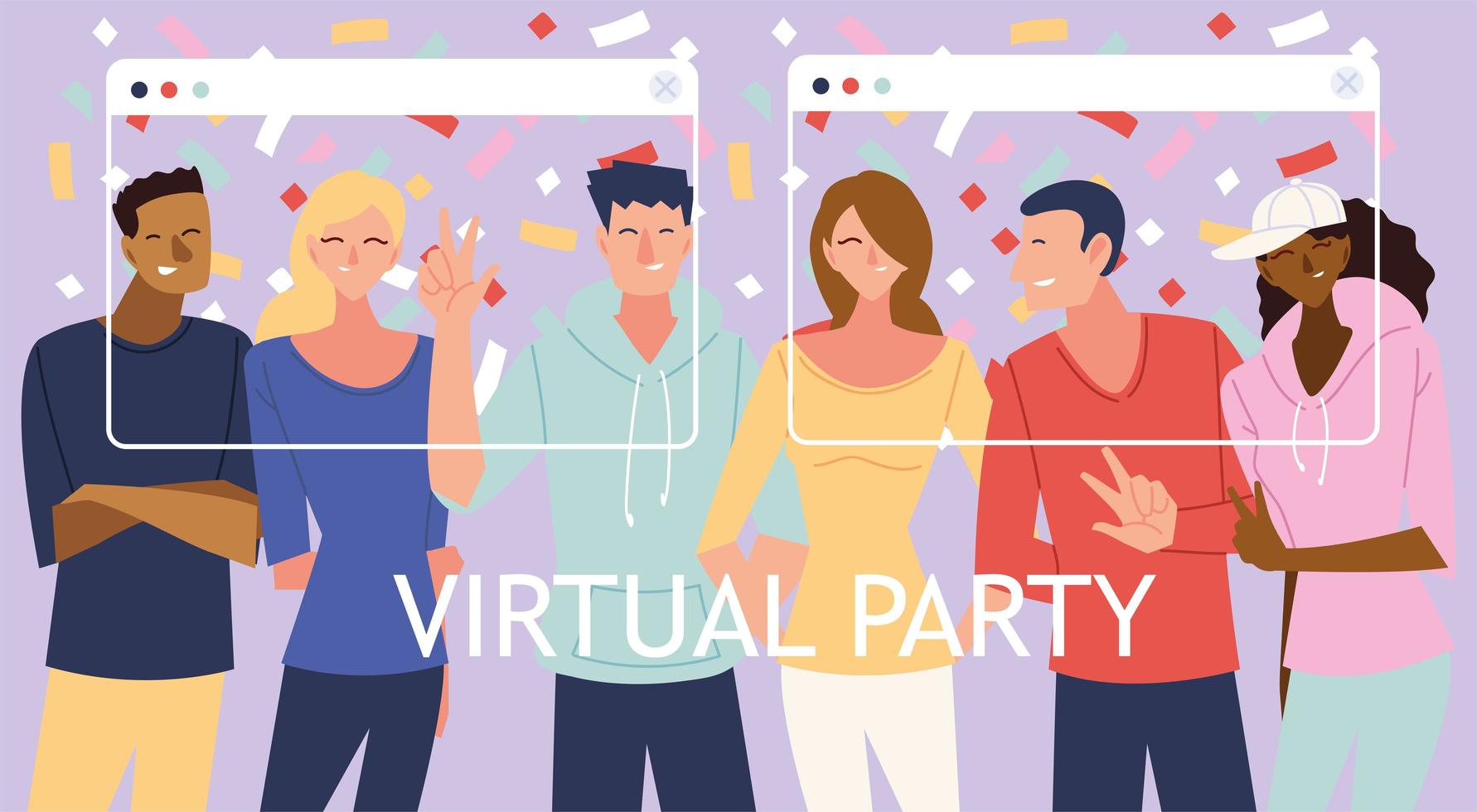 festa virtuale con uomini donne cartoni animati e coriandoli in disegno vettoriale di schermi