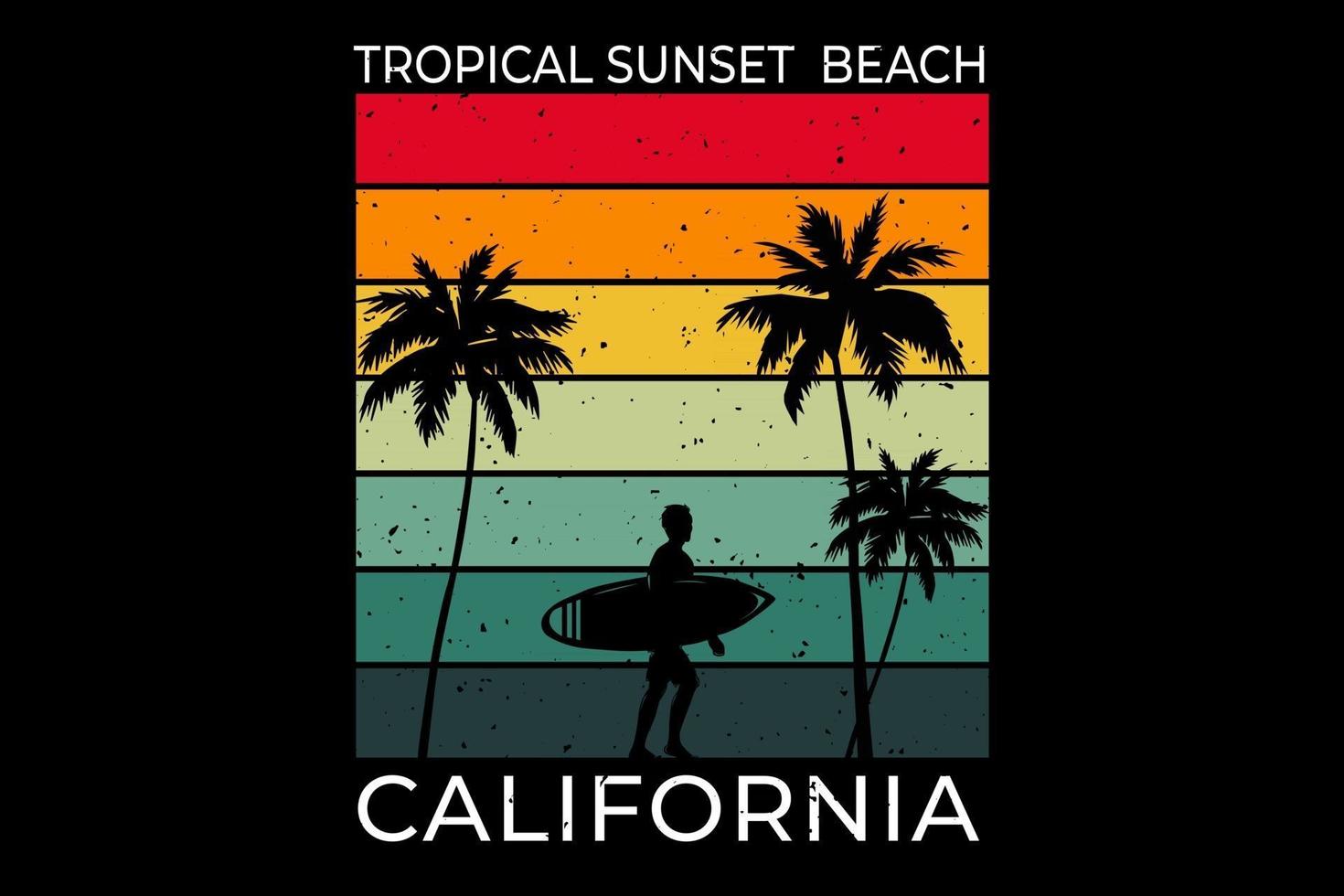 t-shirt tramonto tropicale spiaggia california surf stile retrò vettore