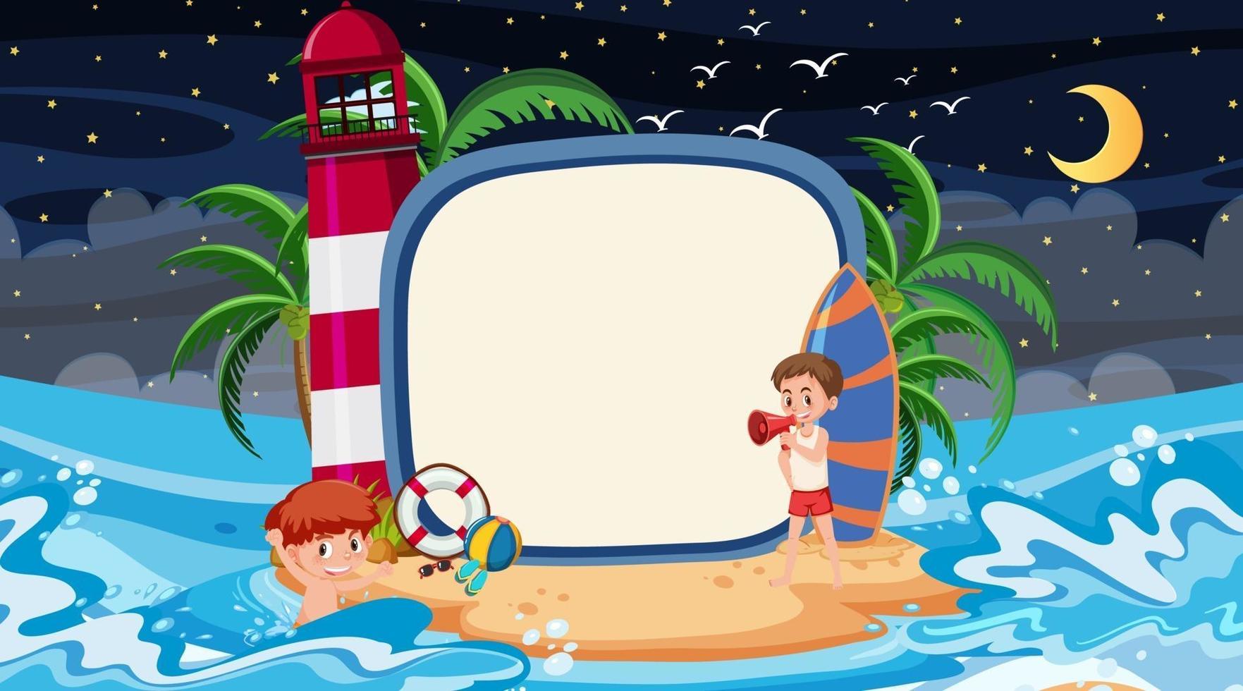 bambini in vacanza sulla scena notturna della spiaggia con un modello di banner vuoto vettore