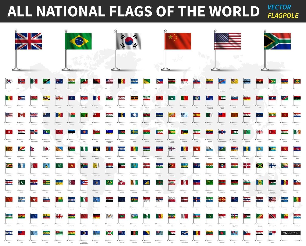 tutte le bandiere nazionali del mondo. tessuto ondulato realistico con pennone e design ombra. vettore