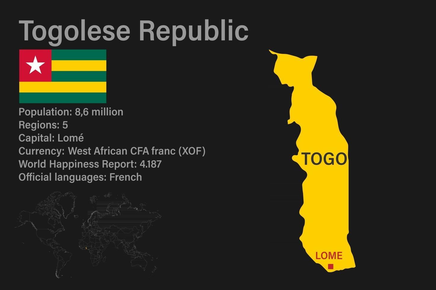 mappa del togo altamente dettagliata con bandiera, capitale e piccola mappa del mondo vettore