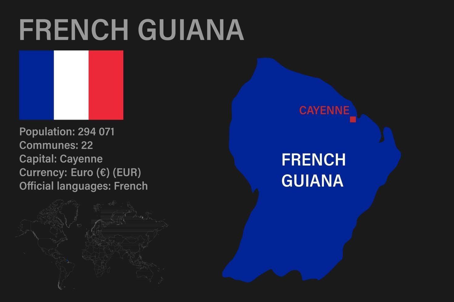 mappa della guiana francese altamente dettagliata con bandiera, capitale e piccola mappa del mondo vettore