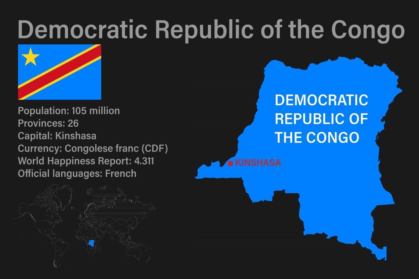 mappa della repubblica democratica del congo altamente dettagliata con bandiera, capitale e piccola mappa del mondo vettore