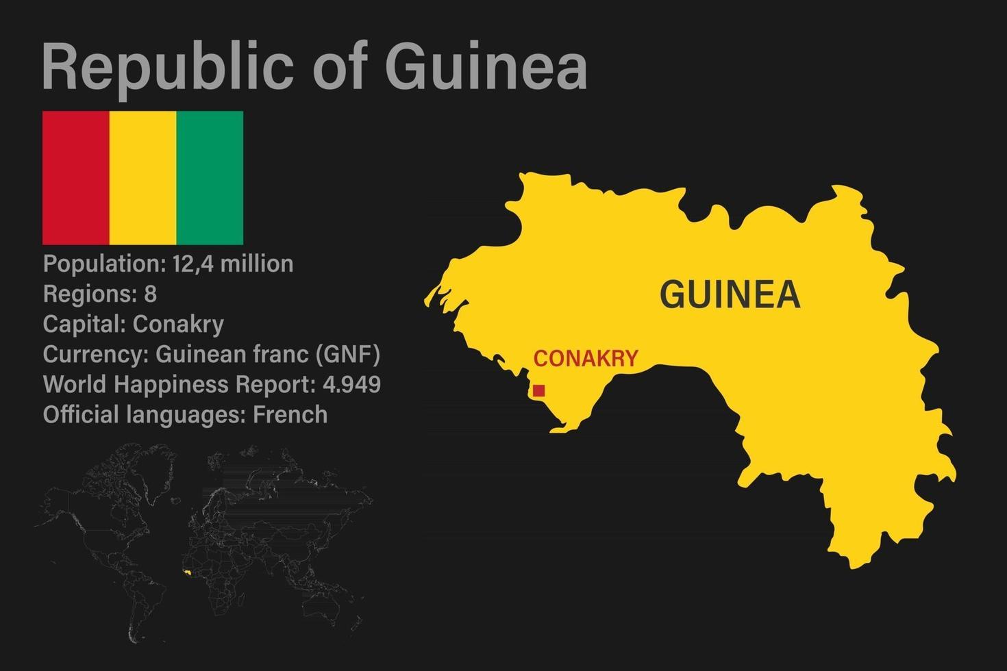 mappa della guinea altamente dettagliata con bandiera, capitale e piccola mappa del mondo vettore