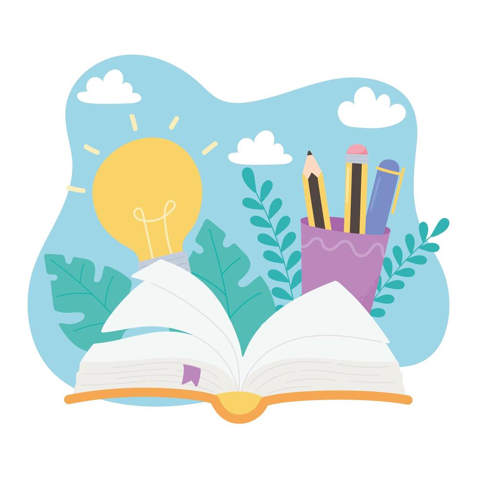 giornata internazionale dell'alfabetizzazione, matite del libro aperto nell'idea della tazza, sfondo delle foglie vettore