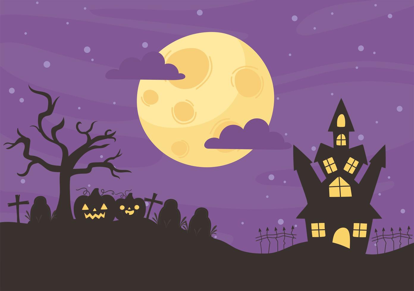 buon halloween, castello cimitero zucche albero secco notte luna dolcetto o scherzetto festa celebrazione vettore