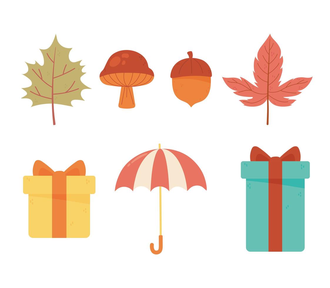collezione di icone autunnali regali ombrello ghianda fungo e foglia vettore