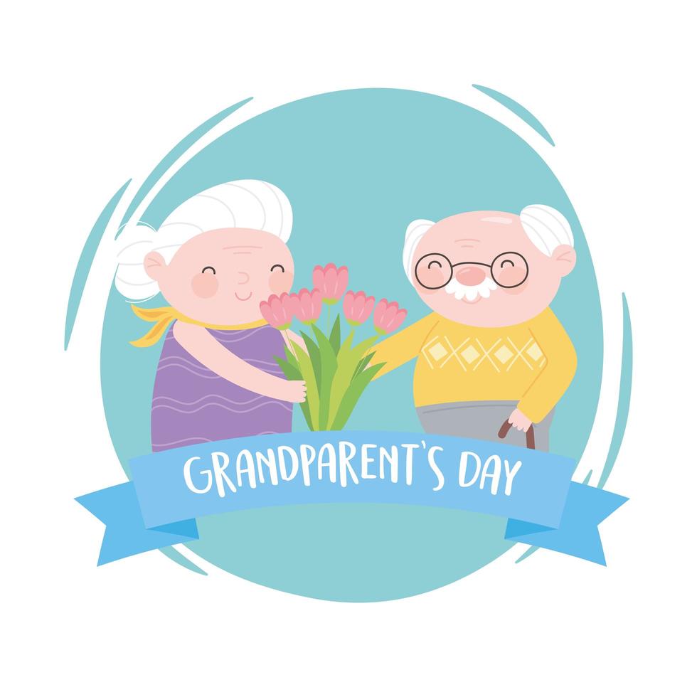 felice giorno dei nonni, carina vecchia coppia insieme a fiori cartoon card vettore
