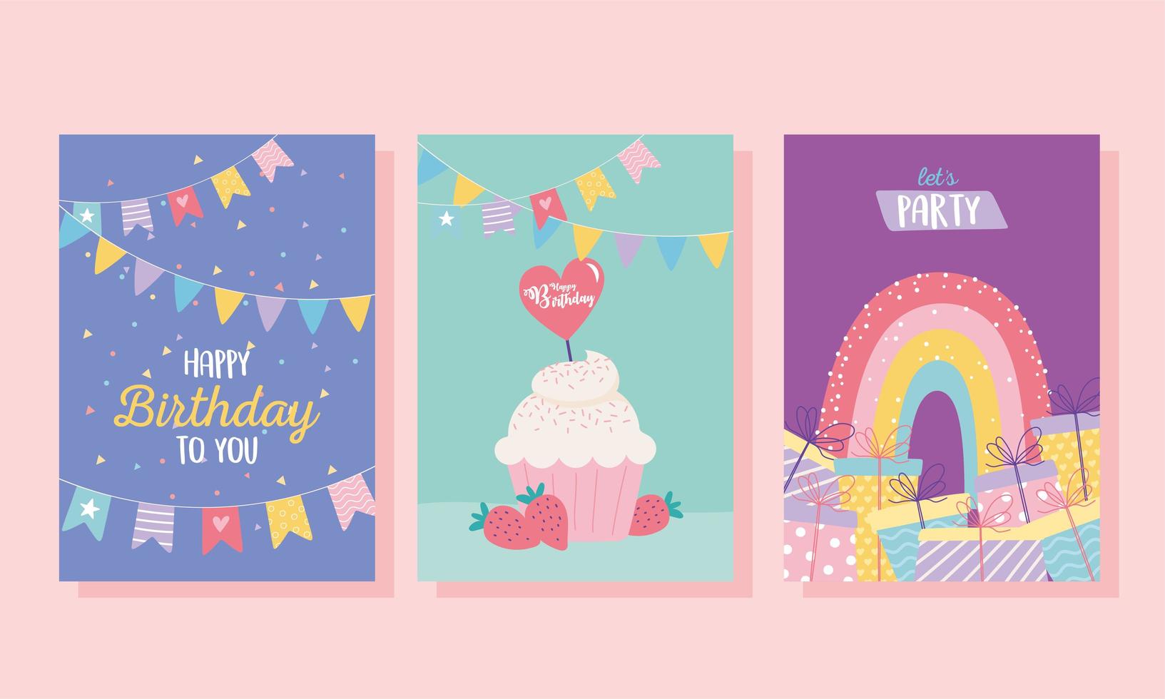 buon compleanno, cupcake regali arcobaleno decorazione celebrazione biglietto di auguri e modelli di invito alla festa vettore