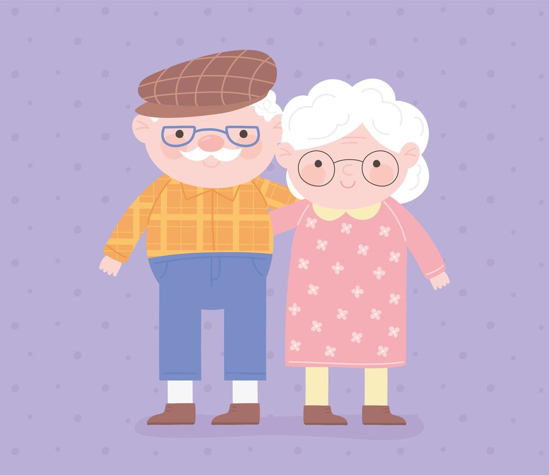 felice giorno dei nonni, la nonna e il nonno hanno abbracciato la carta dei cartoni animati del personaggio vettore