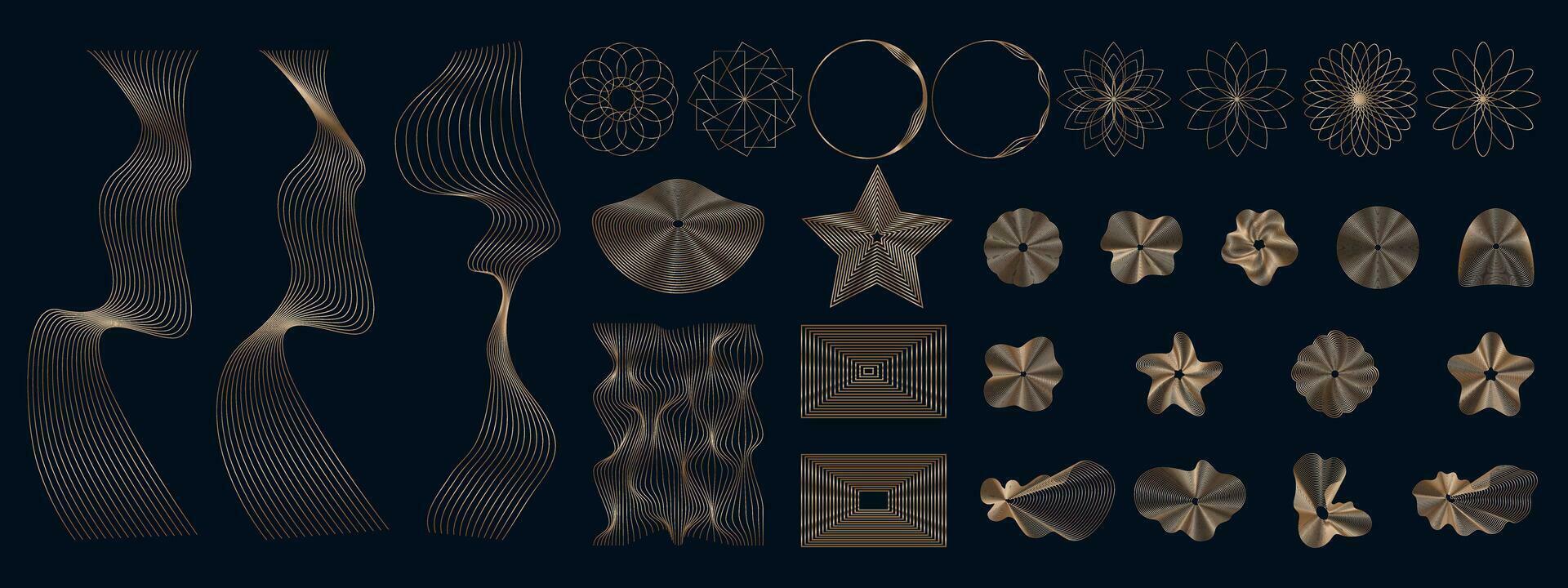 astratto d'oro lineare elementi di diverso forme, impostato di ondulato d'oro design elementi su un' buio sfondo. vettore icone