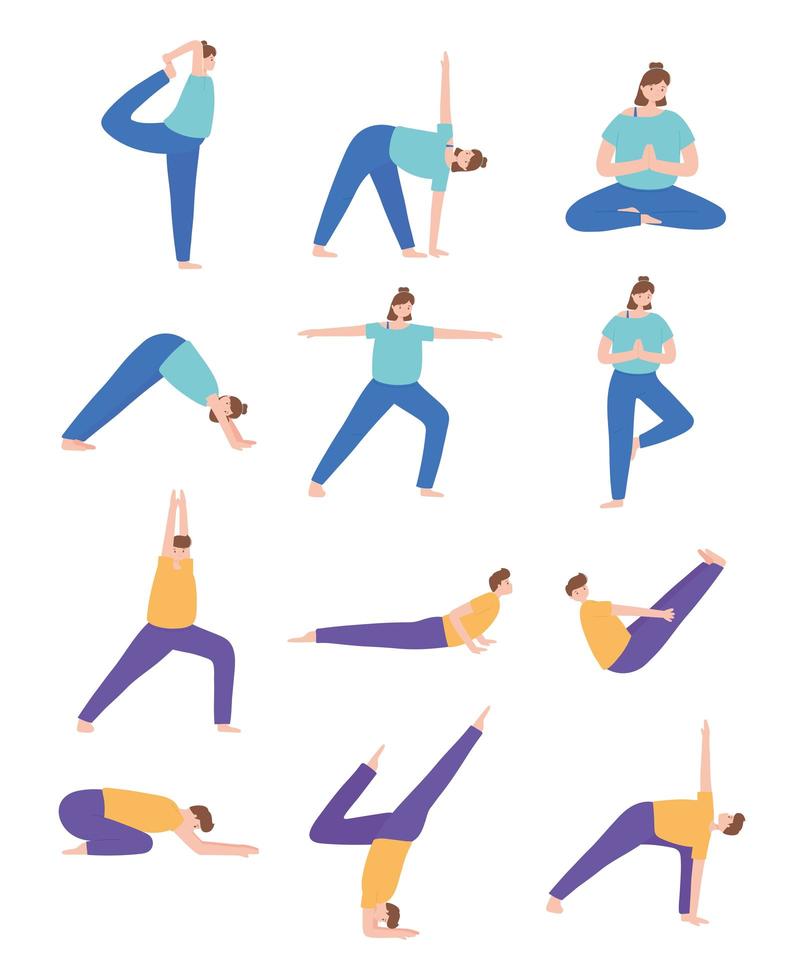 persone che praticano yoga diversi esercizi di posa, stile di vita sano, set di pratica fisica e spirituale vettore