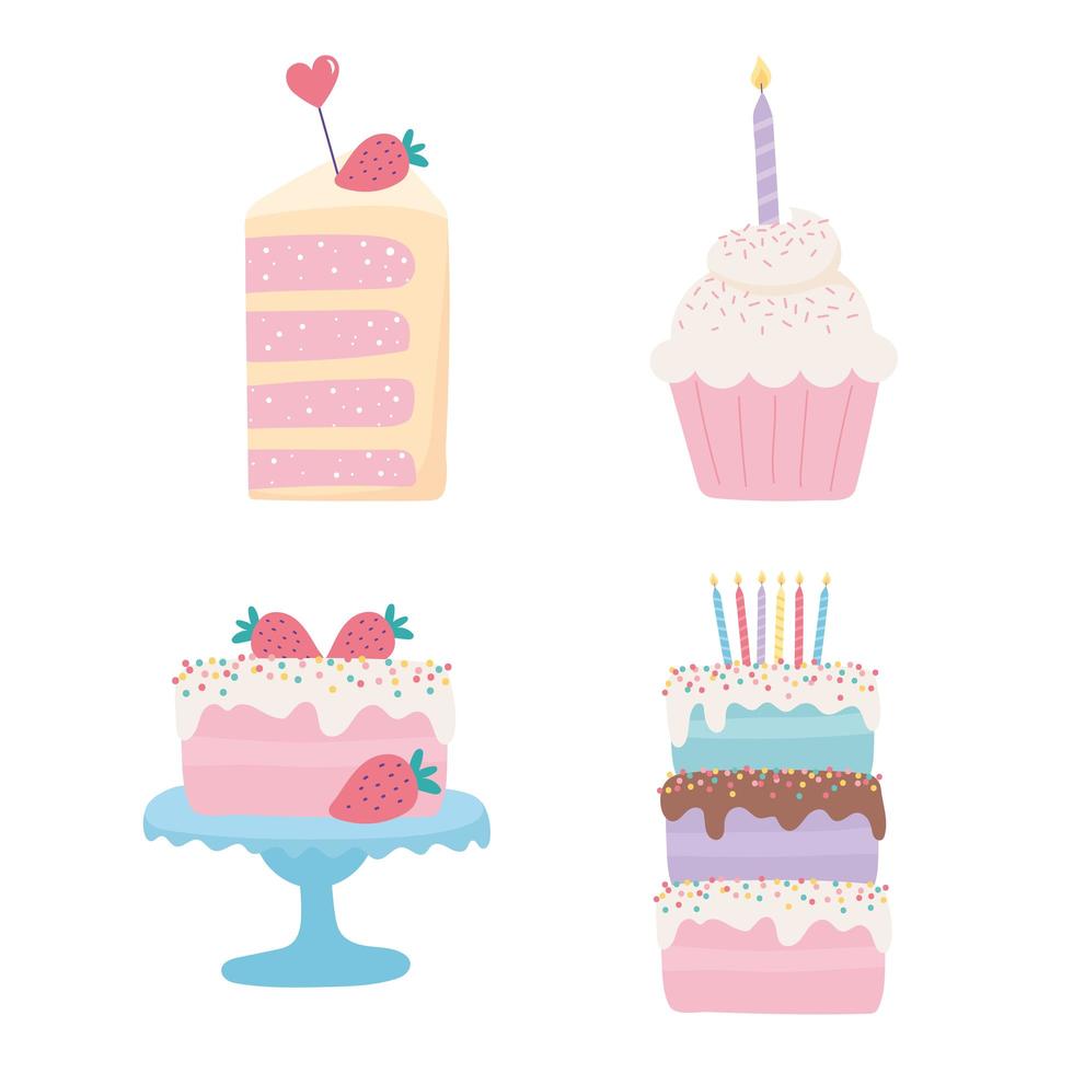 buon compleanno, torte dolci cupcake frutta candele decorazione celebrazione festa festosa icone set vettore