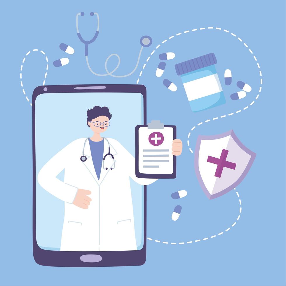 telemedicina, smartphone medico maschio con rapporto di prescrizione medica di farmaci vettore