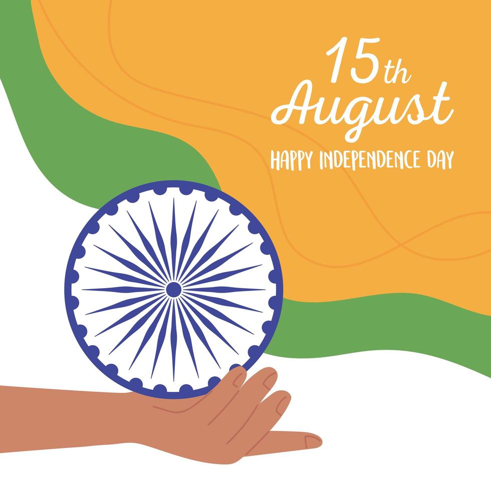 felice giorno dell'indipendenza india, mano che tiene la ruota e il design del colore della bandiera vettore