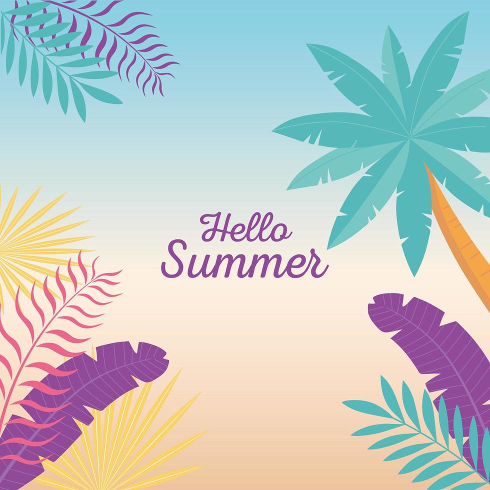 ciao estate, albero tropicale foglie di palma fogliame sfondo sfumato vettore
