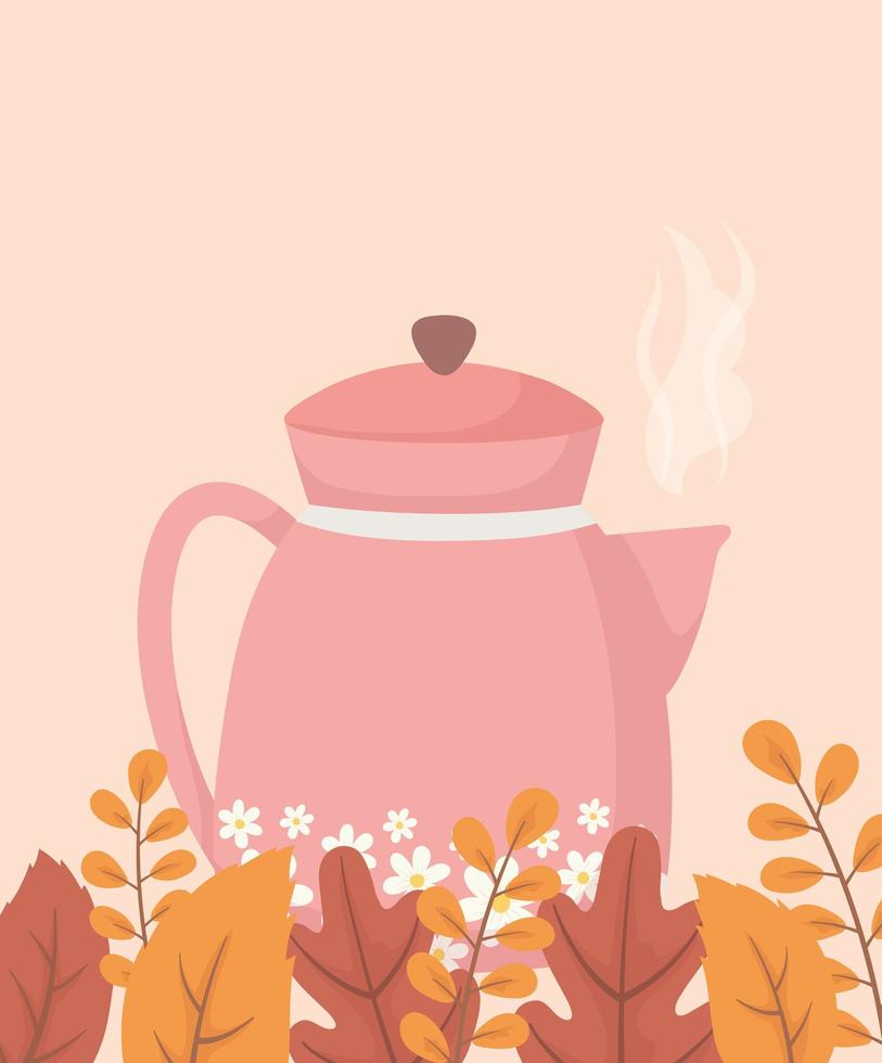ora del caffè e tè, bollitore rosa con fiori e stagione vettore