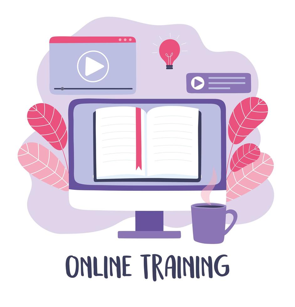 formazione online, video ebook per computer impara la tazza di caffè, sviluppo della conoscenza dei corsi tramite internet vettore