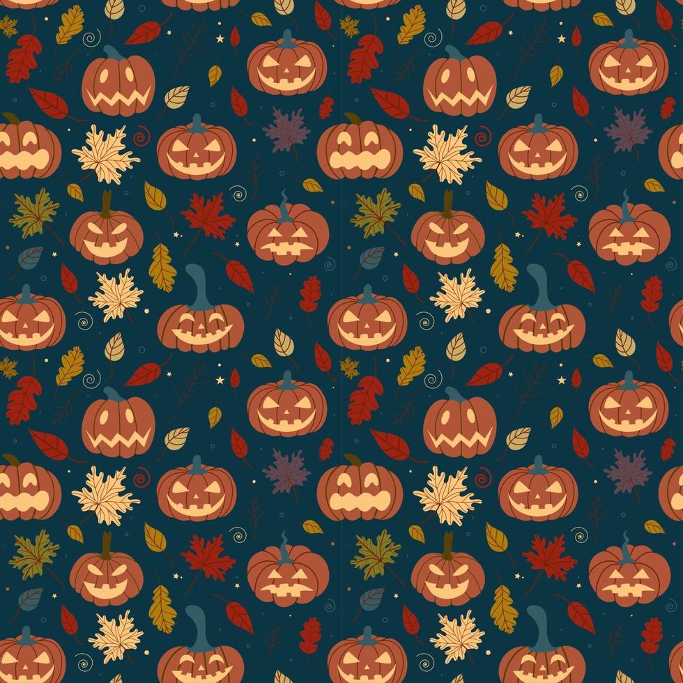 modello zucca senza soluzione di continuità con foglie autunnali cadute su uno sfondo scuro. halloween pattern.design per banner, inviti di halloween, prodotti stampati, cartoline, tessuti. illustrazione vettoriale