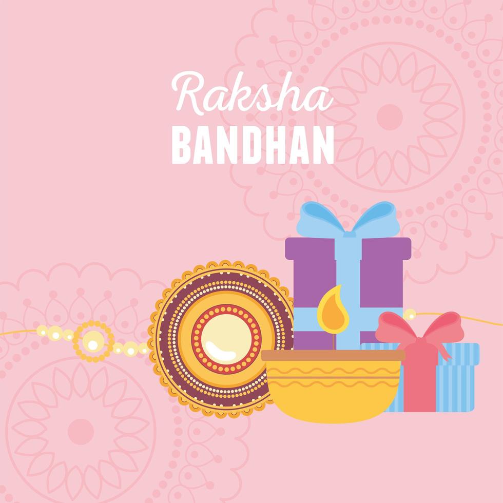raksha bandhan, candela braccialetto e scatole regalo con mandala d'amore fratelli e sorelle evento indiano vettore