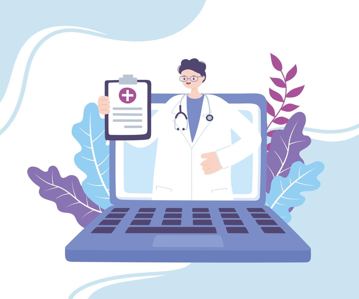 medico online, il medico nel computer portatile sta mostrando raccomandazioni sul rapporto medico, consulenza o servizio di consultazione vettore