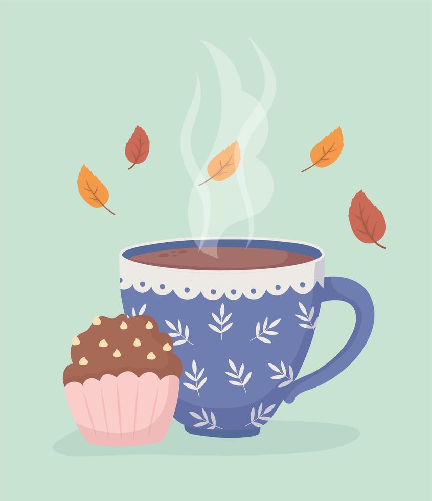 ora del caffè e tè, tazza di caffè e foglie di cupcake dolci vettore