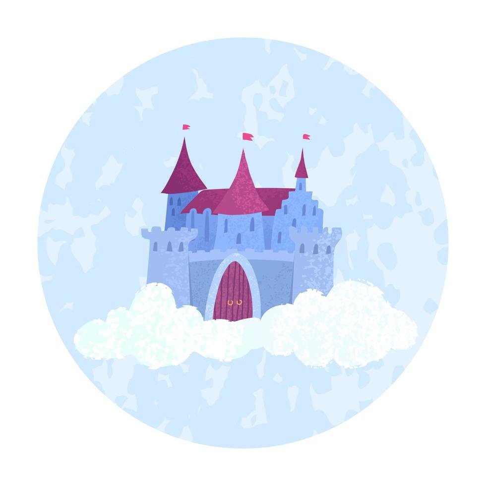 illustrazione vettoriale colorata del magico castello della principessa delle fate galleggianti tra le nuvole su uno sfondo blu rotondo