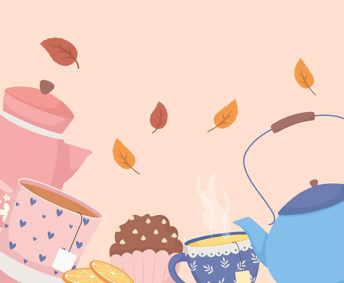 tempo del caffè e tè, teiere tazza cupcake e decorazione foglie vettore