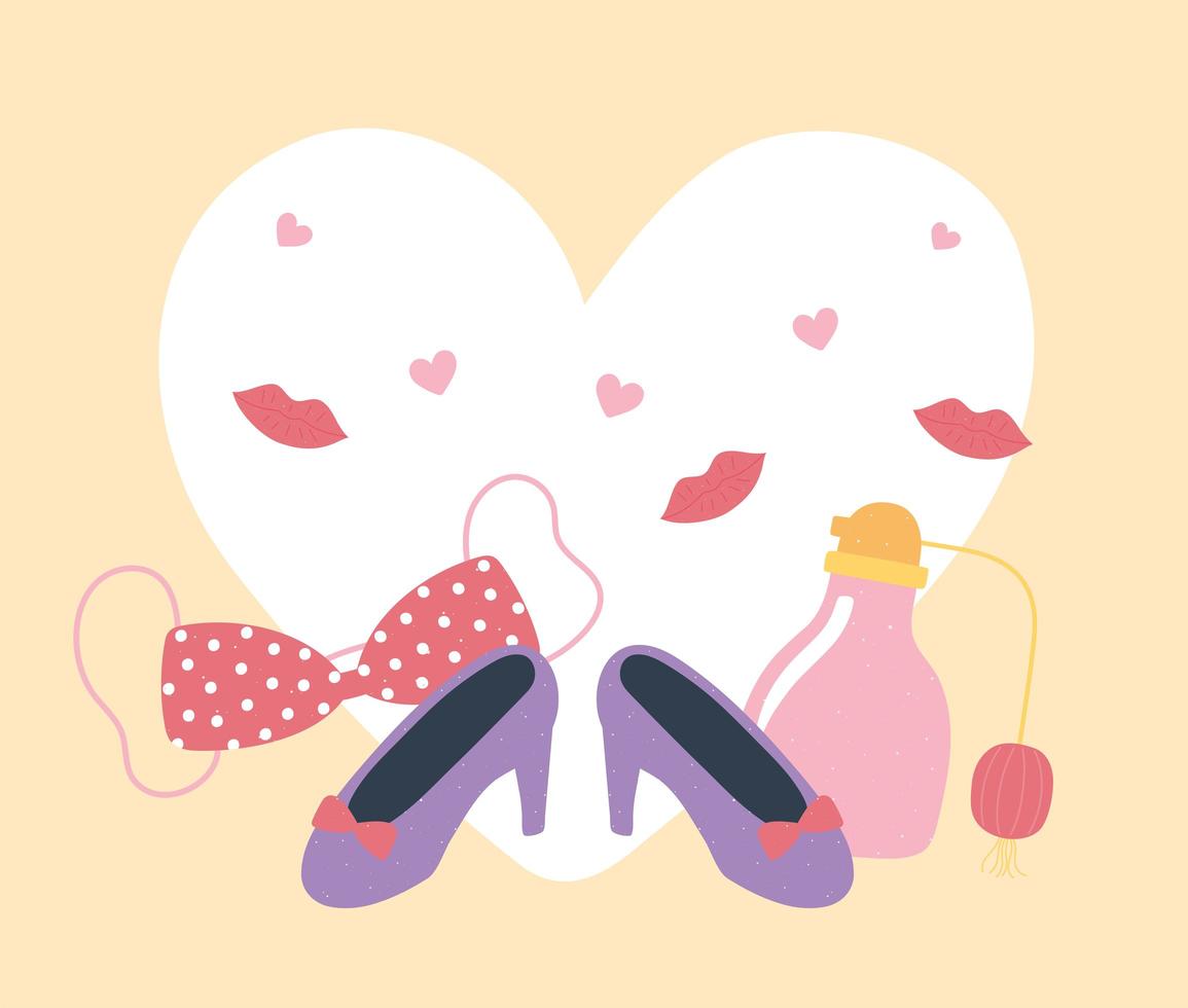 scarpe femminili labbra e profumo amore e romanticismo in stile cartone animato vettore