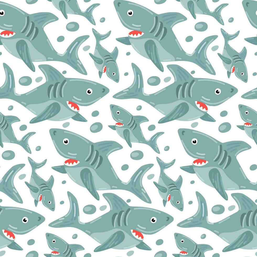 un' modello con un' cartone animato squalo nuoto nel diverso indicazioni. molte di blu squali su un' bianca sfondo. stampa su tessile e carta, figli di illustrazione vettore